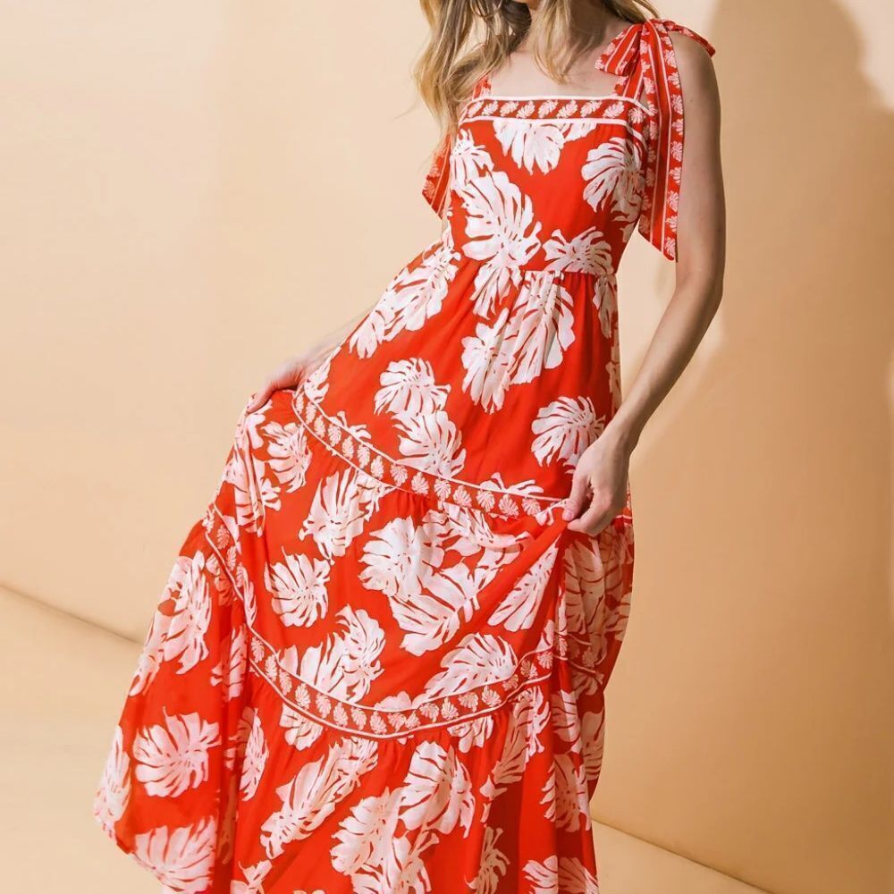 Flying Tomato Red Maxi Dress with White Tropical Print